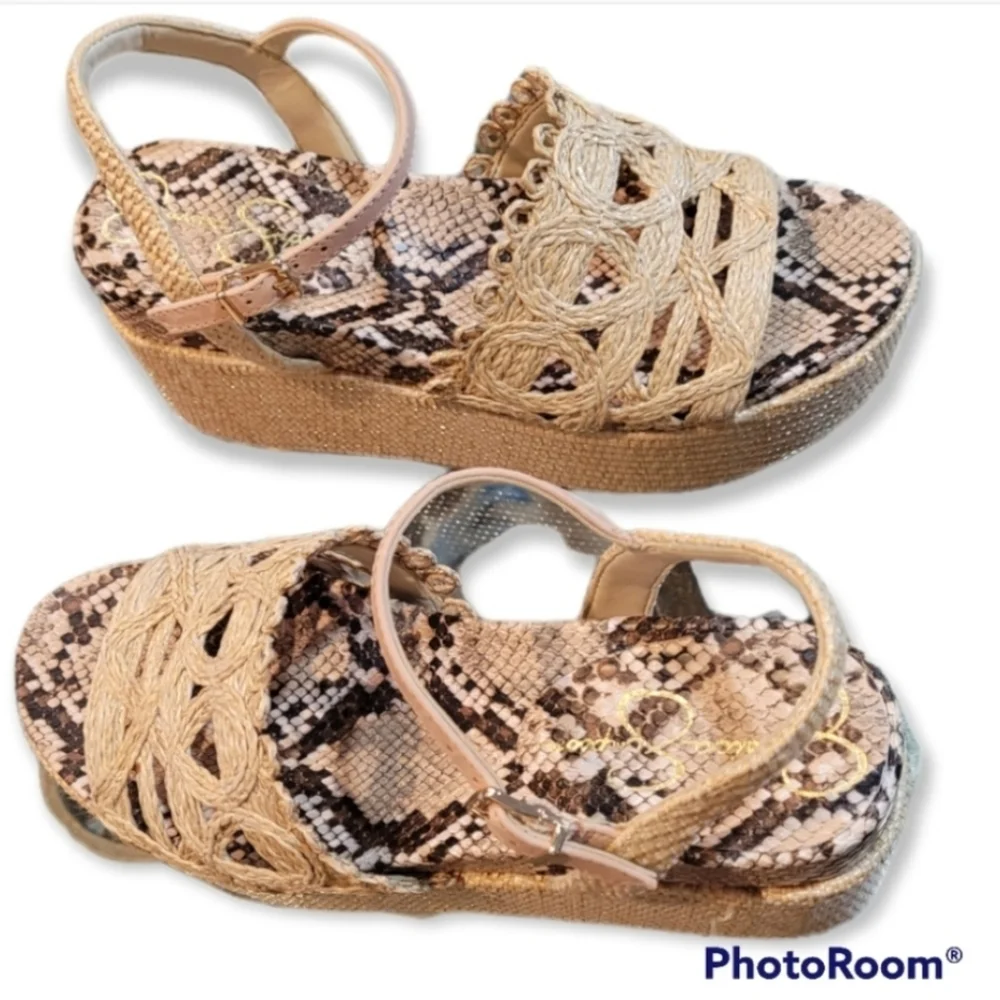 Jessica Simpson Camilia Rattan Wedge Platform Sandal Snake Print Ankle Strap 6.5